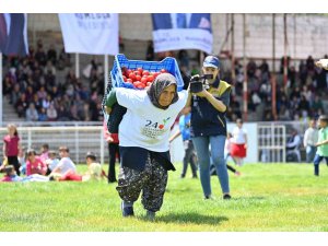 Kasalarla domatesi sırtlarında 40 metre taşıyıp finiş çizgisine ulaştılar