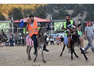 Eşek üzerinde ellerindeki topla gol atmak için çabaladılar