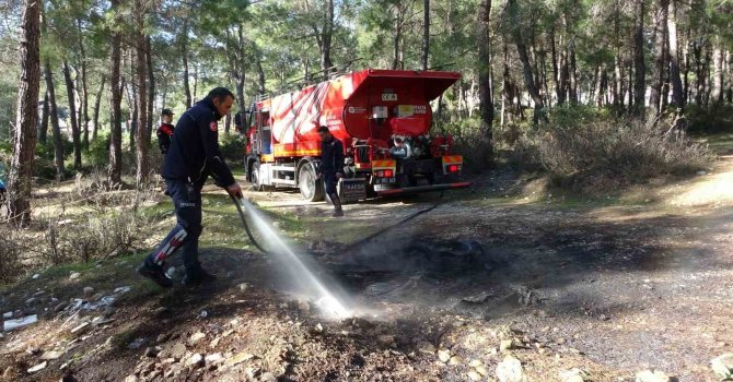 Ormanlık alanda yakılan lastikler itfaiye ve jandarmayı alarma geçirdi