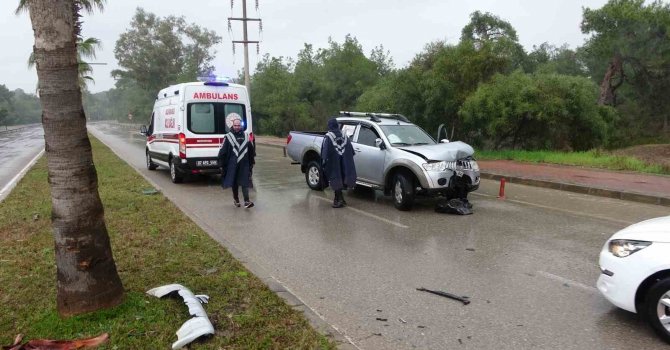 Yolda kayan kamyonet refüjdeki palmiyeye çarptı: 2 yaralı